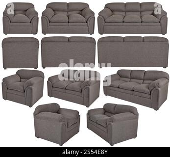 Brown leather sofa and armchair set, isolated on white Stock Photo