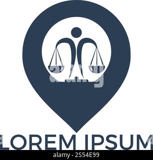 Libra and map pointer logo design. Unique law and pin logotype design template. Stock Vector
