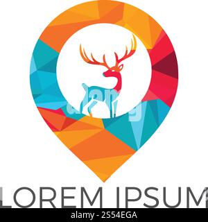 Deer and map pointer logo design. Deer locator logo design. Animal place icon. Stock Vector