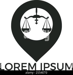 Libra and map pointer logo design. Unique law and pin logotype design template. Stock Vector