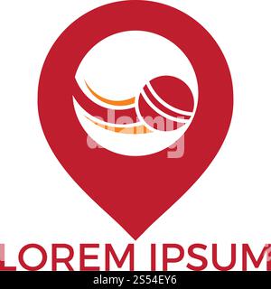 Cricket and map pointer logo design. Game and GPS locator symbol or icon. Unique ball and pin logotype design template. Stock Vector