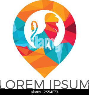 Lion and map pointer logo design. Lion locator logo design. Animal place icon. Stock Vector