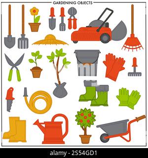 Gardening objects set composed of convenient metal tools. Electric lawn mower, iron bucket, rubber boots, compact cart, big spade and rake, sharp secateurs and long hose isolated vector illustrations.. Gardening objects set composed of convenient metal tools Stock Vector
