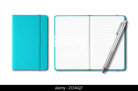Aqua blue closed and open lined notebooks with a pen isolated on white. Aqua blue closed and open notebooks with a pen isolated on white Stock Photo