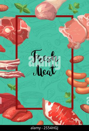 Vector cartoon meat elements frame with flying around it with place for text in center illustration. Vector cartoon meat elements frame illustration Stock Vector