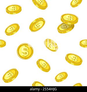 Golden coins that drop from above inside seamless pattern cartoon flat vector illustration on white background. Lot of currency of high value in endless texture. Fantastic big money rain.. Golden coins that drop from above inside seamless pattern Stock Vector
