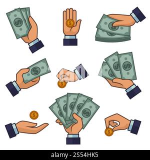 Hand and money cash dollar banknotes and coins icons for bank or online banking and ATM cash-in or withdrawal design template. Vector isolated set of hand holding money and coins for pay or buy. Hand and money banknotes and golden coins dollars and cents vector payment icons Stock Vector