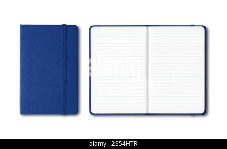 Marine blue closed and open lined notebooks mockup isolated on white. Marine blue closed and open lined notebooks isolated on white Stock Photo