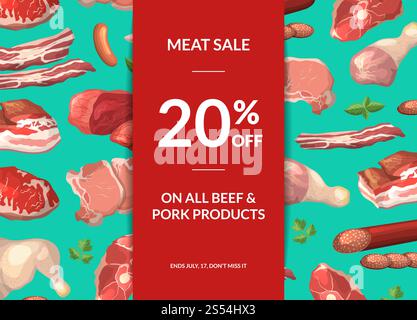 Vector cartoon meat elements sale background illustration with place for text and ribbon with shadows. Vector meat elements sale background illustration Stock Vector