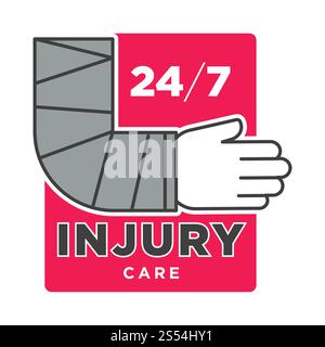 Injury care 24/7 promotional emblem with broken human arm wrapped in solid gypsum with big red rectangle behind and thick sign at bottom isolated cartoon flat vector illustration on white background.. Injury care 24/7 promotional emblem with broken arm Stock Vector