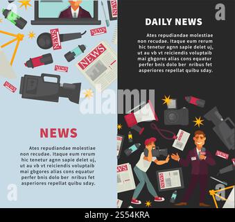Daily news promotional vertical posters with sample texts set. Photo and video cameras, operator with TV show host, big loudspeaker, open laptop and newspapers cartoon flat vector illustrations.. Daily news promotional vertical posters with sample texts Stock Vector