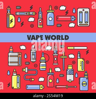 Vape products promotional poster with modern devices for smoking that produce steam with flavor and aroma isolated cartoon flat vector illustrations. Vape products promotional poster with modern devices Stock Vector