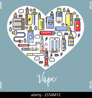 Vape products promotional poster with modern devices for smoking that produce steam with flavor and aroma isolated cartoon flat vector illustrations. Vape products promotional poster with modern devices Stock Vector