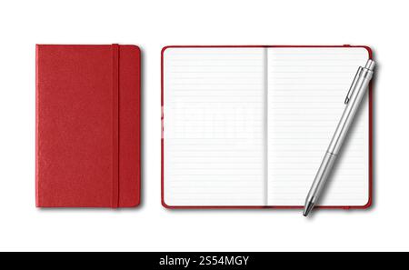 Dark red closed and open lined notebooks with a pen isolated on white. Dark red closed and open notebooks with a pen isolated on white Stock Photo