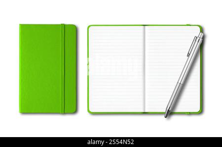 Green closed and open lined notebooks with a pen isolated on white. Green closed and open notebooks with a pen isolated on white Stock Photo
