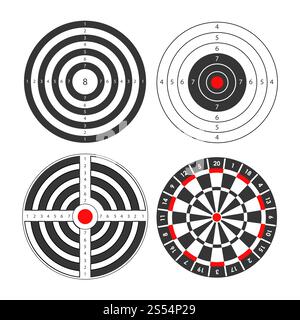 Shooting range targets vector icons templates. Isolated set of round target for darts and gun shoot aims sport with scores and bullseye for firing or archery and rifle shooting ground. Shooting range targets vector icons template for darts and gun shoot aims Stock Vector