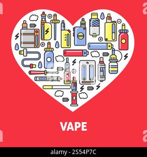 Vape products promotional poster with modern devices for smoking that produce steam with flavor and aroma isolated cartoon flat vector illustrations. Vape products promotional poster with modern devices Stock Vector