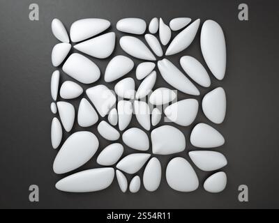 3d rendering of white pebbles over black background forming square frame. Abstract minimalist image of white stones on black surface. 3d render of Stock Photo