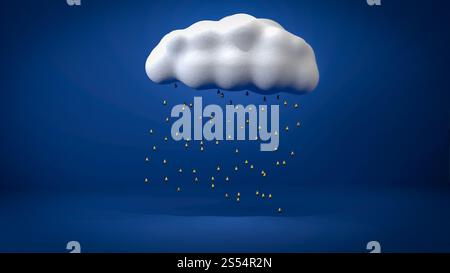 3d abstract illustratio of golden rain going from white cloud flying in blue studio. 3d abstract render of golden rain going from white cloud flying Stock Photo