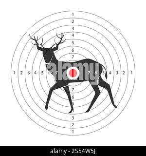 Target for shooting gallery with deer black silhouette and circles with score. Paper aim with forest animal and red spot in middle isolated cartoon flat vector illustration on white background.. Target for shooting gallery with deer black silhouette Stock Vector