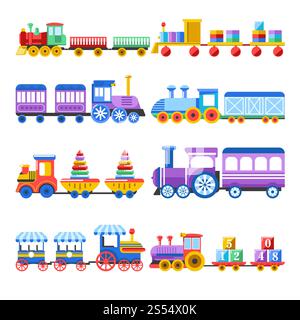 Toy trains with kid toys and children playthings for kindergarten boys children design. Vector isolated flat icons set of trains with ball, pyramids constructor and alphabet cubes in wagon. Toy train with kid toys vector flat icons for children design Stock Vector