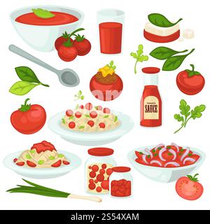 Tomato food meals, salads and dishes with tomatoes vegetable ingredient. Vector tomato soup gazpacho, pasta with tomatoes ketchup sauce and juice drink or salad and pickles flat isolated icons set. Tomato food meals, salads and dishes with tomatoes vegetable ingredient. Stock Vector