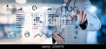 Intelligence (BI) and business analytics (BA) with key performance indicators (KPI) dashboard concept.business documents on office table with smart Stock Photo