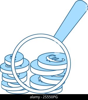 Magnifying Over Coins Stack Icon. Thin Line With Blue Fill Design. Vector Illustration. Stock Vector