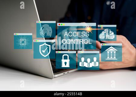 Biometric cyber security system and access control concept. Businessman access security personal financial data on scan fingerprint identification, Cy Stock Photo