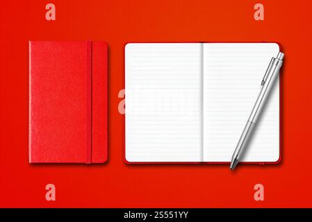 Red closed and open lined notebooks with a pen isolated on colorful background. Red closed and open notebooks with a pen isolated on colorful Stock Photo