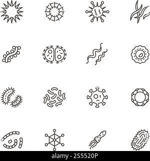 Illness bacilli, microbes, viruses and microorganisms line icons. Bacteriology hygiene and infection outline vector isolated symbols. Illustration of microbe and virus, microorganism bacteria. Illness bacilli, microbes, viruses and microorganisms line icons. Bacteriology hygiene and infection outline vector isolated symbols Stock Vector