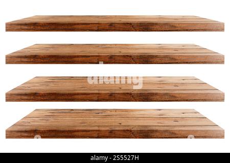 Collection of wooden shelves on an isolated. Empty wood board shelf at concrete wall background. Mock up for display or montage of product or design. Stock Photo