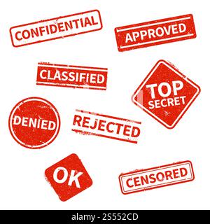 Top secret, rejected, approved, classified, confidential, denied and censored red grunge business stamps isolated on white background. Vector print vintage, imprint denied rubber stamp illustration. Top secret, rejected, approved, classified, confidential, denied and censored red grunge business stamps isolated on white background Stock Vector