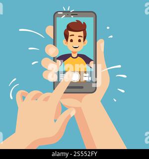 Young happy man taking selfie photo on smartphone. Male face portrait on cellphone screen. Cartoon vector illustration. Video selfie man, photographing young guy, posing selfportrait. Young happy man taking selfie photo on smartphone. Male face portrait on cellphone screen. Cartoon vector illustration Stock Vector