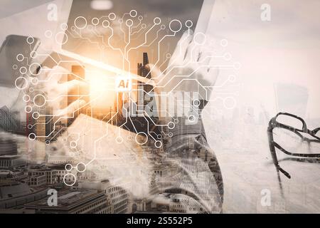 Artificial Intelligence (AI),machine learning with data mining technology on virtual dachboard.Double exposure,Businessman hand working concept. Stock Photo