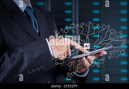 businessman hand using tablet computer and server room background Stock Photo