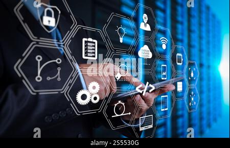 Coding with software developer work with augmented reality dashboard computer icons of scrum agile development and code fork and versioning with Stock Photo