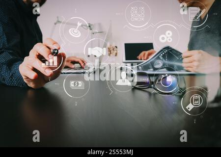 Business process management with workflow automation diagram and gears in virtual flowchart.Business team meeting.Professional investor working new Stock Photo