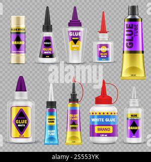 Glue tubes. Adhesive stick and bottle plastic packaging 3d isolated vector illustration. Glue tube container, stick adhesive product. Glue tubes. Adhesive stick and bottle plastic packaging 3d isolated vector illustration Stock Vector