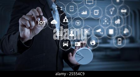 Internet of Things (IOT) technology with AR (Augmented Reality) on VR dashboard. businessman hand writing in the whiteboard or virtual screen Stock Photo