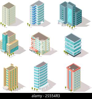 Icon of the city with isometric houses, skyscrapers, streets and trees ...