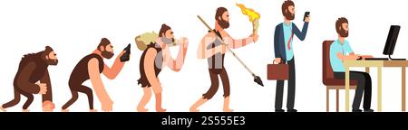 Human evolution. From monkey to businessman and computer user. Cartoon vector characters evolution human, ape and ancestors illustration. Human evolution. From monkey to businessman and computer user. Cartoon vector characters Stock Vector