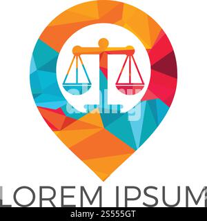 Libra and map pointer logo design. Unique law and pin logotype design template. Stock Vector