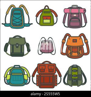 Backpacks or rucksack icons of school, fashion or travel sport and tourist women or men and children bags. Vector isolated modern flat haversack or knapsack design with pockets and zippers. Backpacks or rucksack vector isolated icons for travel, fashion and school bags Stock Vector