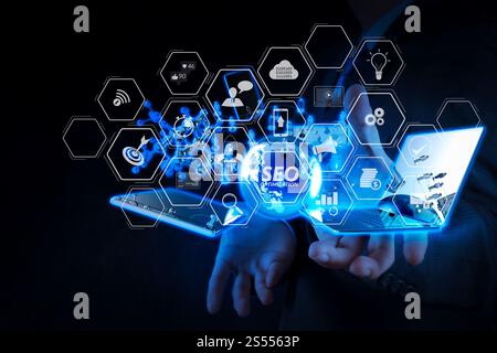 Seo Optimization for website with mobile website and Landing page virtual diagram.businessman shows modern technology as concept Stock Photo