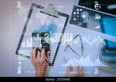 toInvestor analyzing stock market report and financial dashboard with business intelligence (BI), with key performance indicators (KPI).businessman Stock Photo