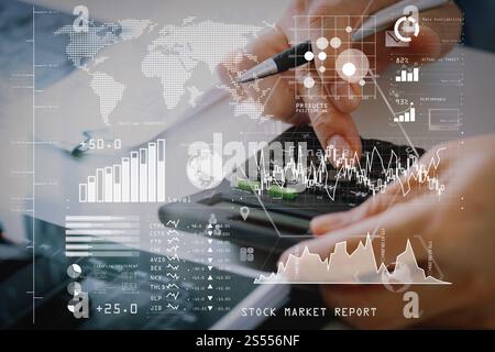 Investor analyzing stock market report and financial dashboard with business intelligence (BI), with key performance indicators (KPI).businessman Stock Photo