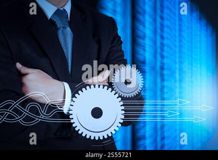 Thinking about structuring virtual diagram of business process with solutions. businessman and server room background as concept Stock Photo