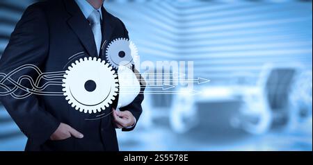 Thinking about structuring virtual diagram of business process with solutions. smart engineer and his office Stock Photo