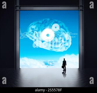Thinking about structuring virtual diagram of business process with solutions. silhoette businessman looking to brain as cloud icon concept Stock Photo